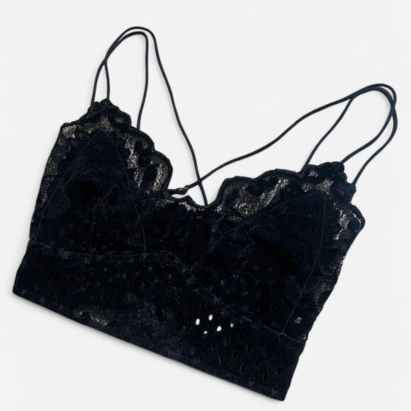 Free People Black Velvet Madonna Sheer Floral Lace Smocked Cropped Bra Top XS - Picture 2 of 8